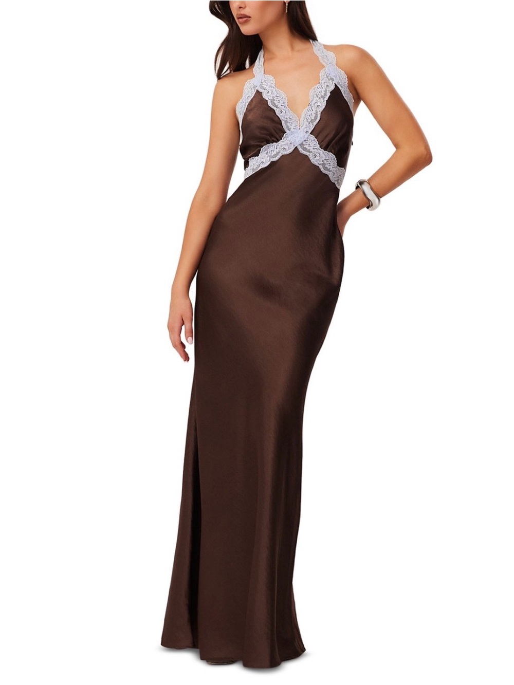 Brown Satin Lace-Trim Slip Gown